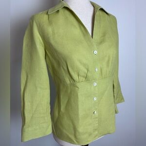 Talbots 100% Pure Irish Linen Green 3/4 sleeve button Front Blouse